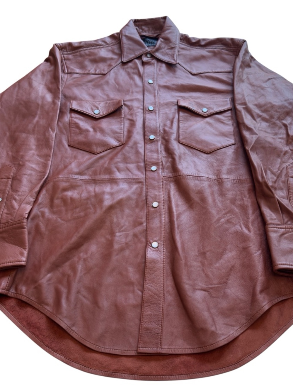 SPRWMN Brown Leather Snap Front Shirt Genuine Leather Small Quiet Luxury STAINED - Picture 7 of 16